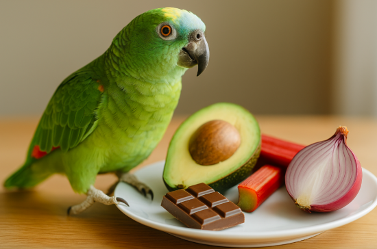 Loro junto a alimentos tóxicos como aguacate y chocolate